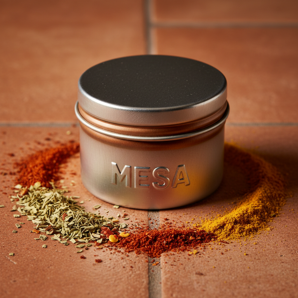 Mesa branded spice blend in small metal tin with warm spices and dried herbs scattered on terracotta tile surface