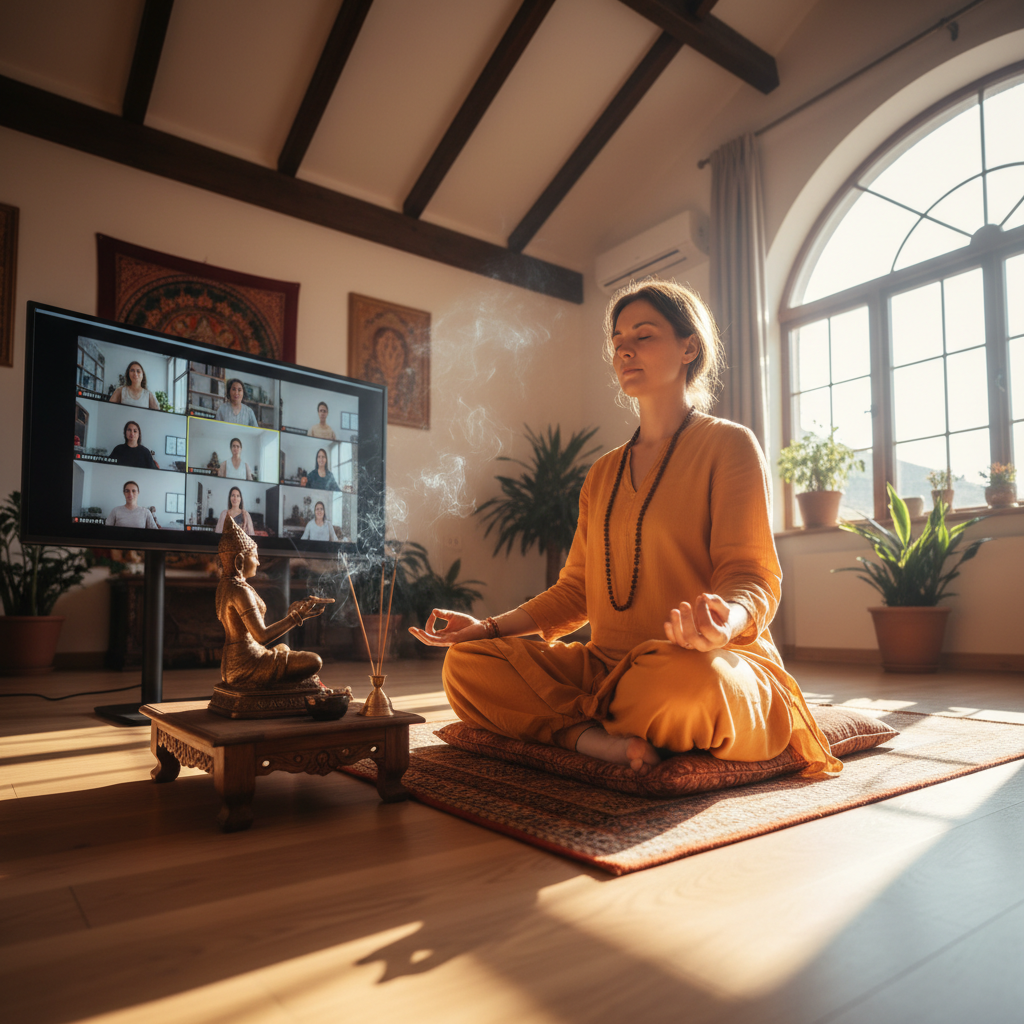 Person meditating at home watching sacred Aarti live on screen, candles and incense burning, warm amber light, devotional setup, peaceful spiritual atmosphere
