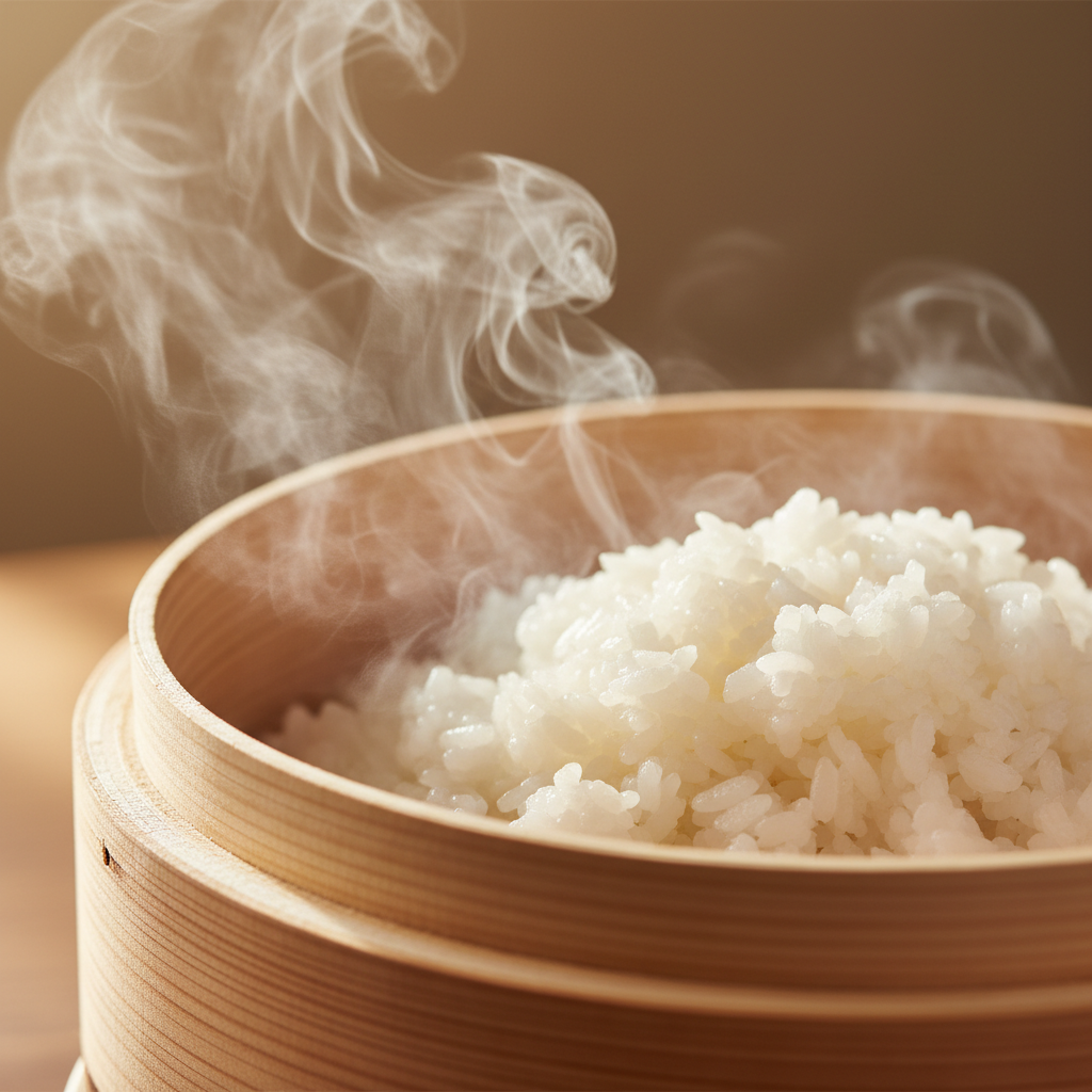 White steam curling upward from a cedar wood steamer filled with rice