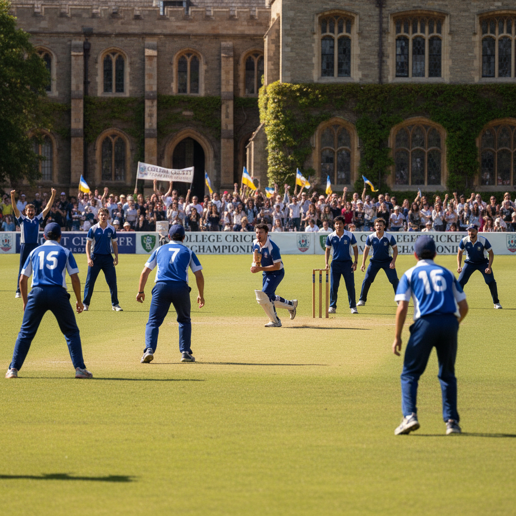 Students playing cricket on sunny school grounds with green grass