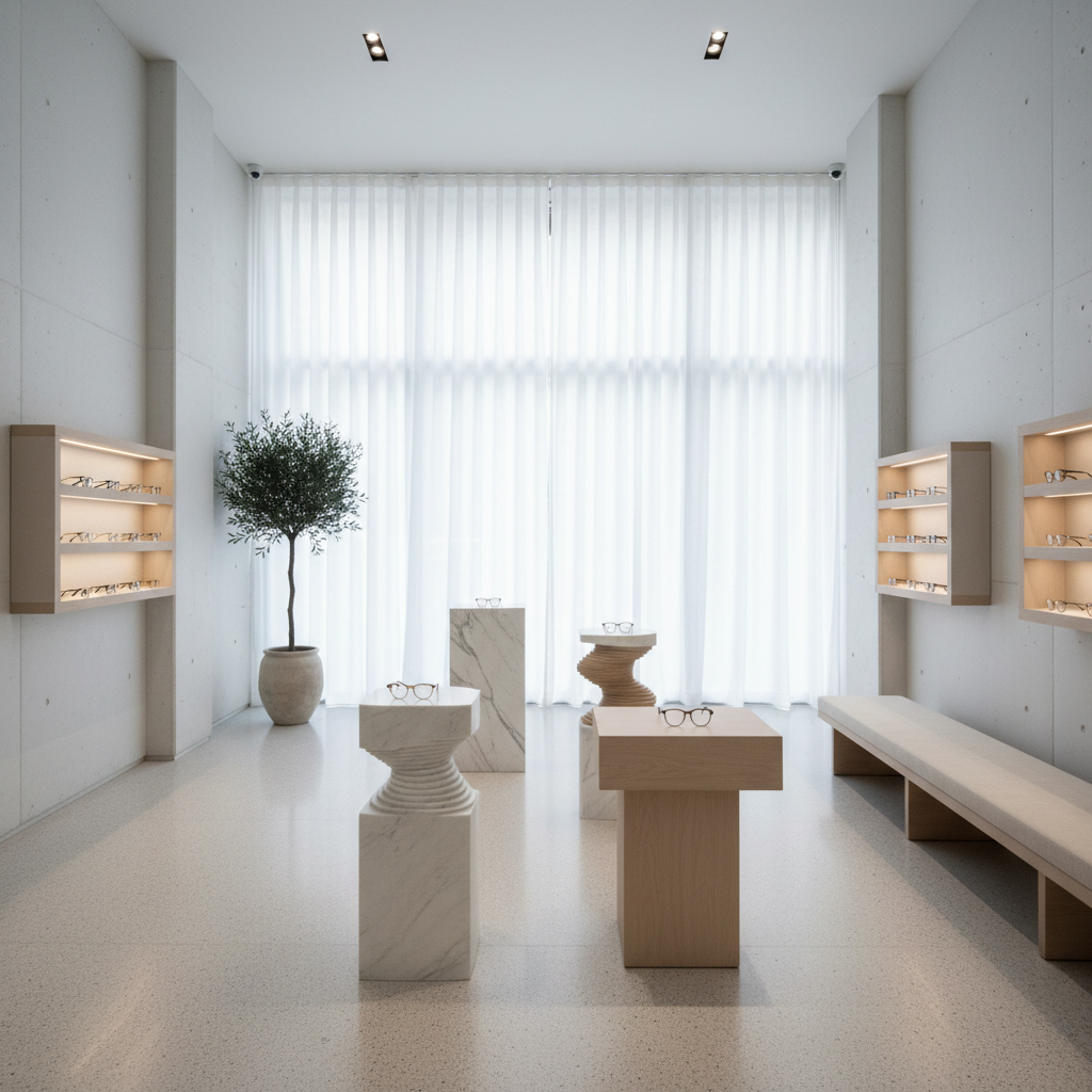 Minimalist eyewear boutique with sculptural displays