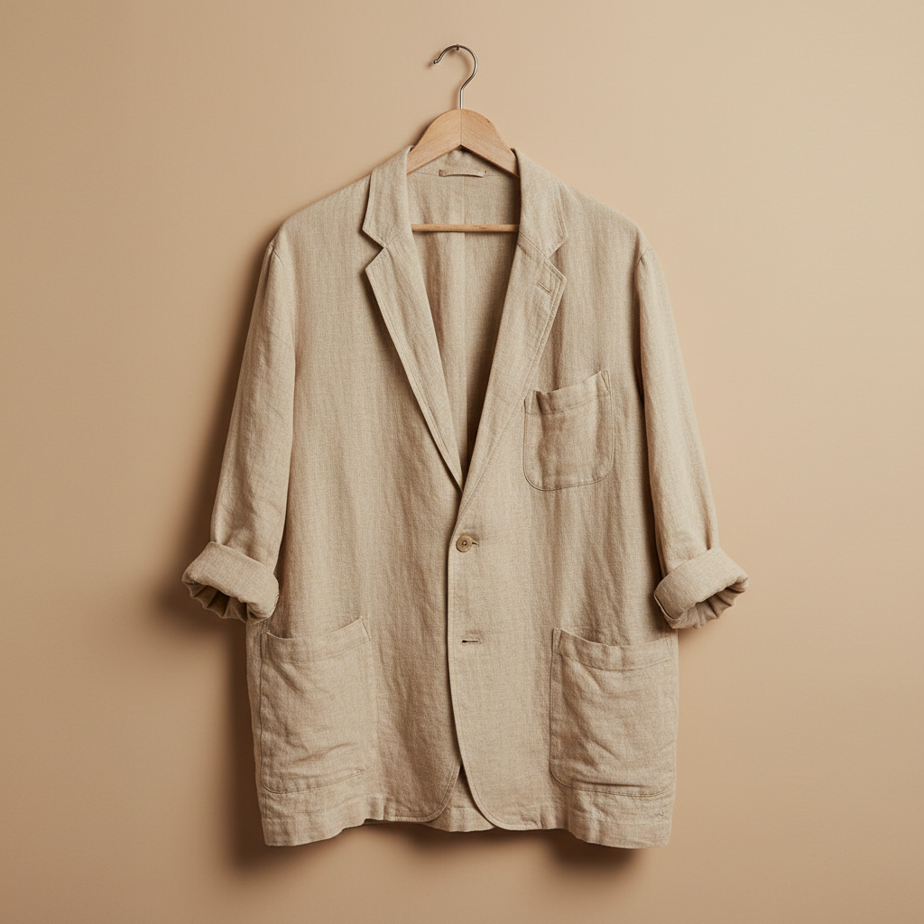 Unstructured linen blazer in natural ecru, relaxed fit on wooden hanger