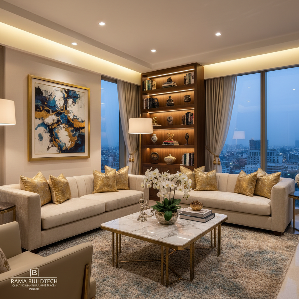Luxury sofa set with velvet upholstery and gold cushions in elegant living room