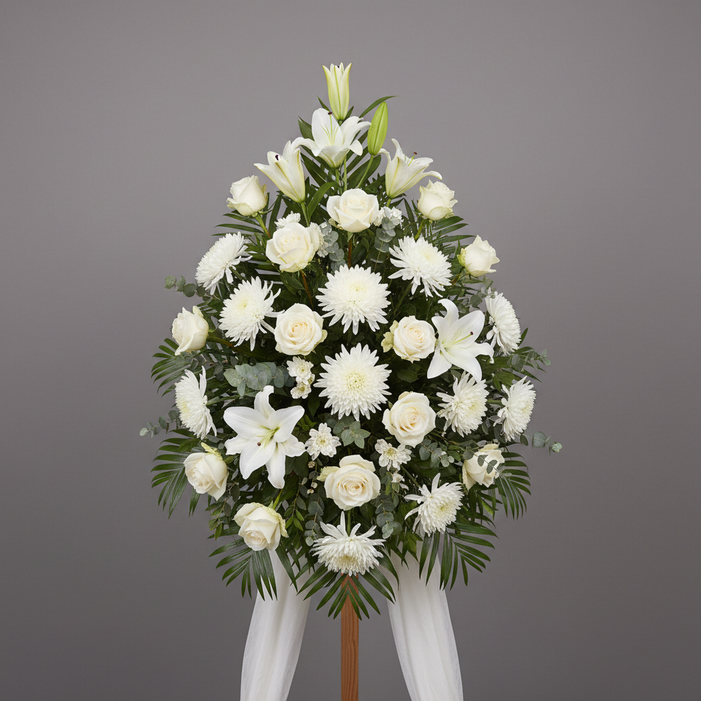 Classic white standing funeral spray with lilies, roses and chrysanthemums