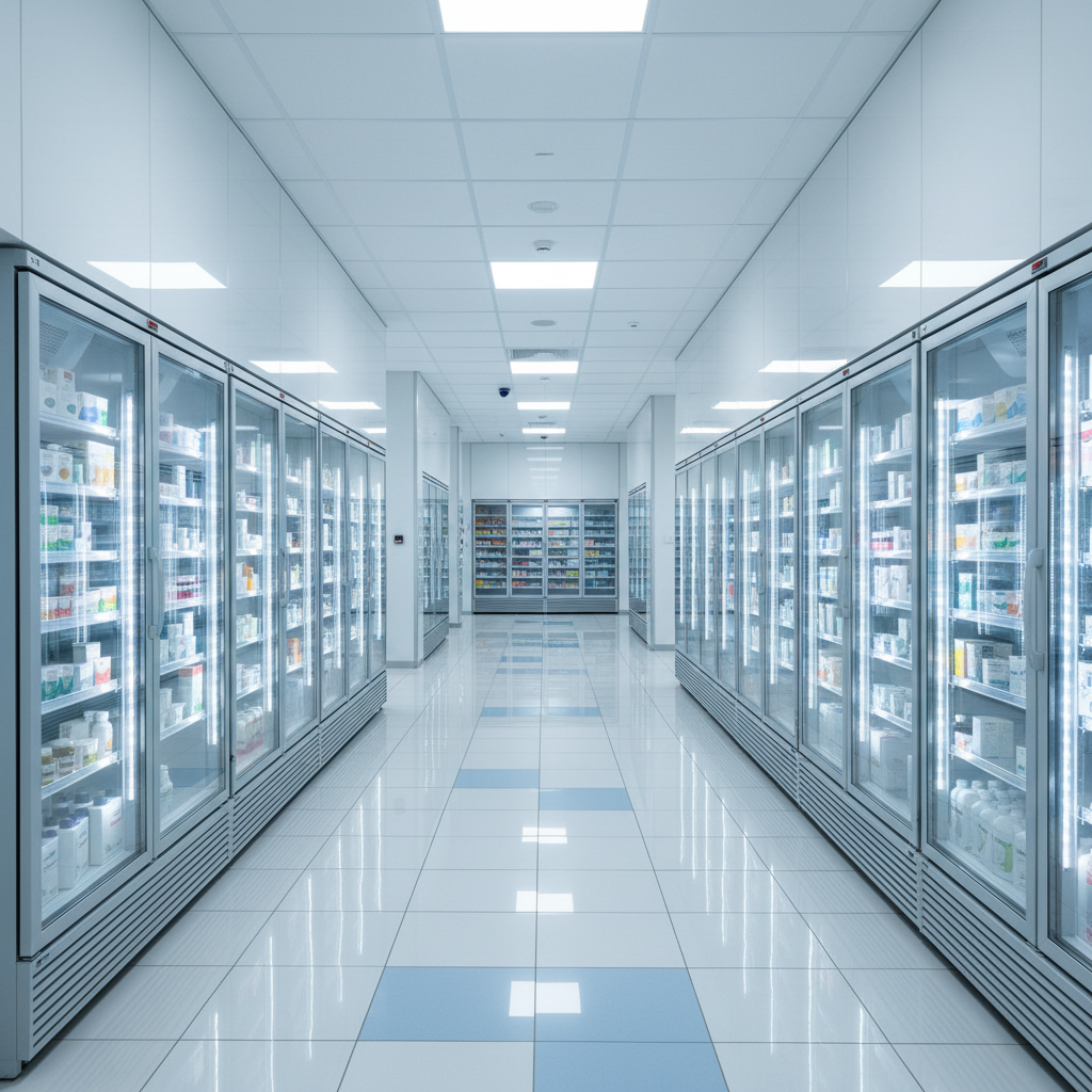 Hospital pharmacy corridor with medical refrigeration units, clinical lighting