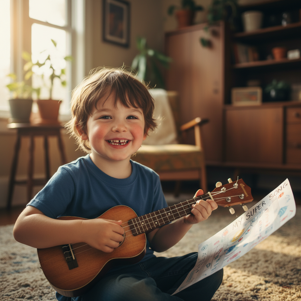 Child beaming after playing their original song