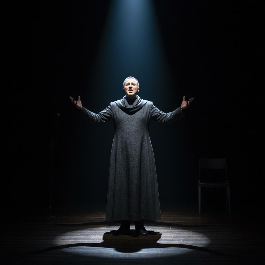 Performer alone on stage under single spotlight, arms raised mid-monologue