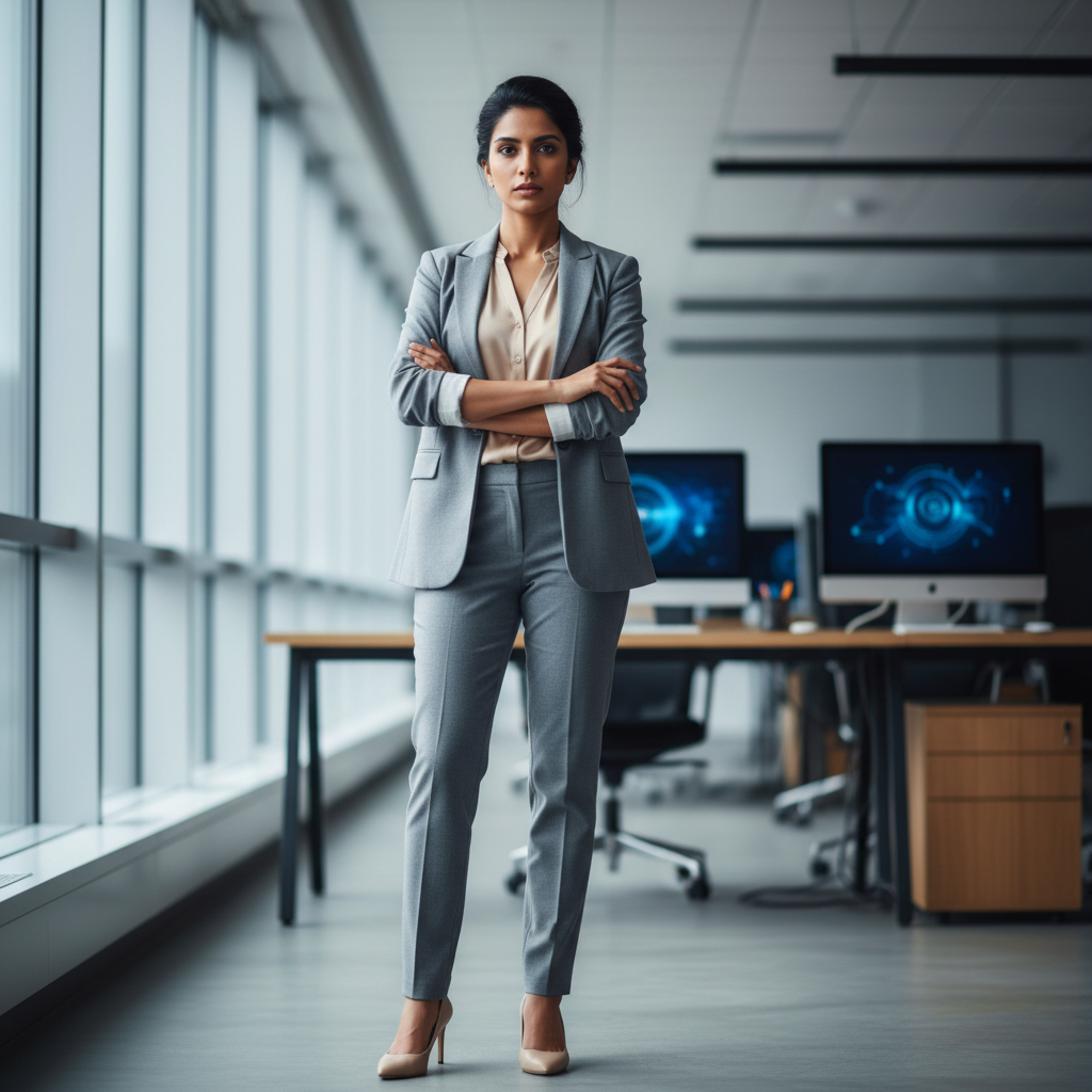 South Asian woman with professional attire, bright office background