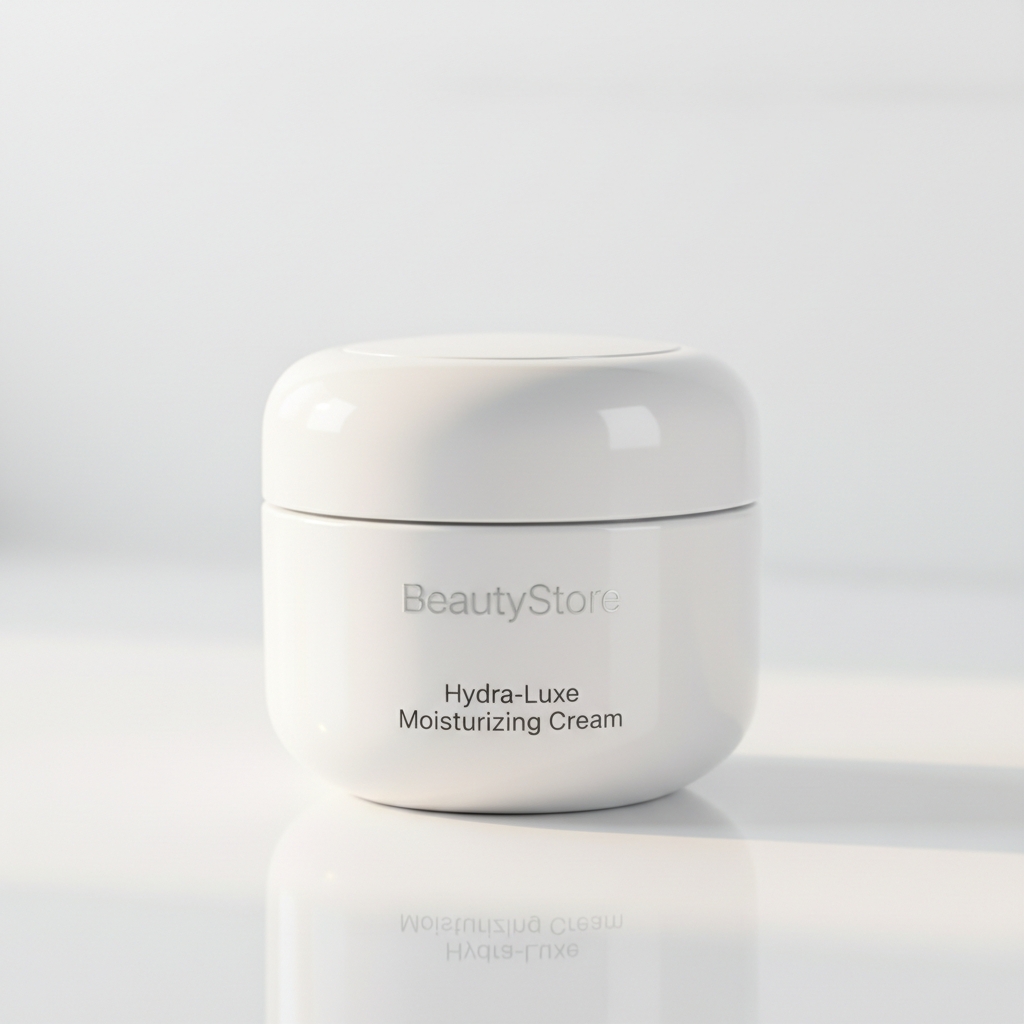 Premium moisturizer cream jar on clean white surface minimal luxury beauty styling