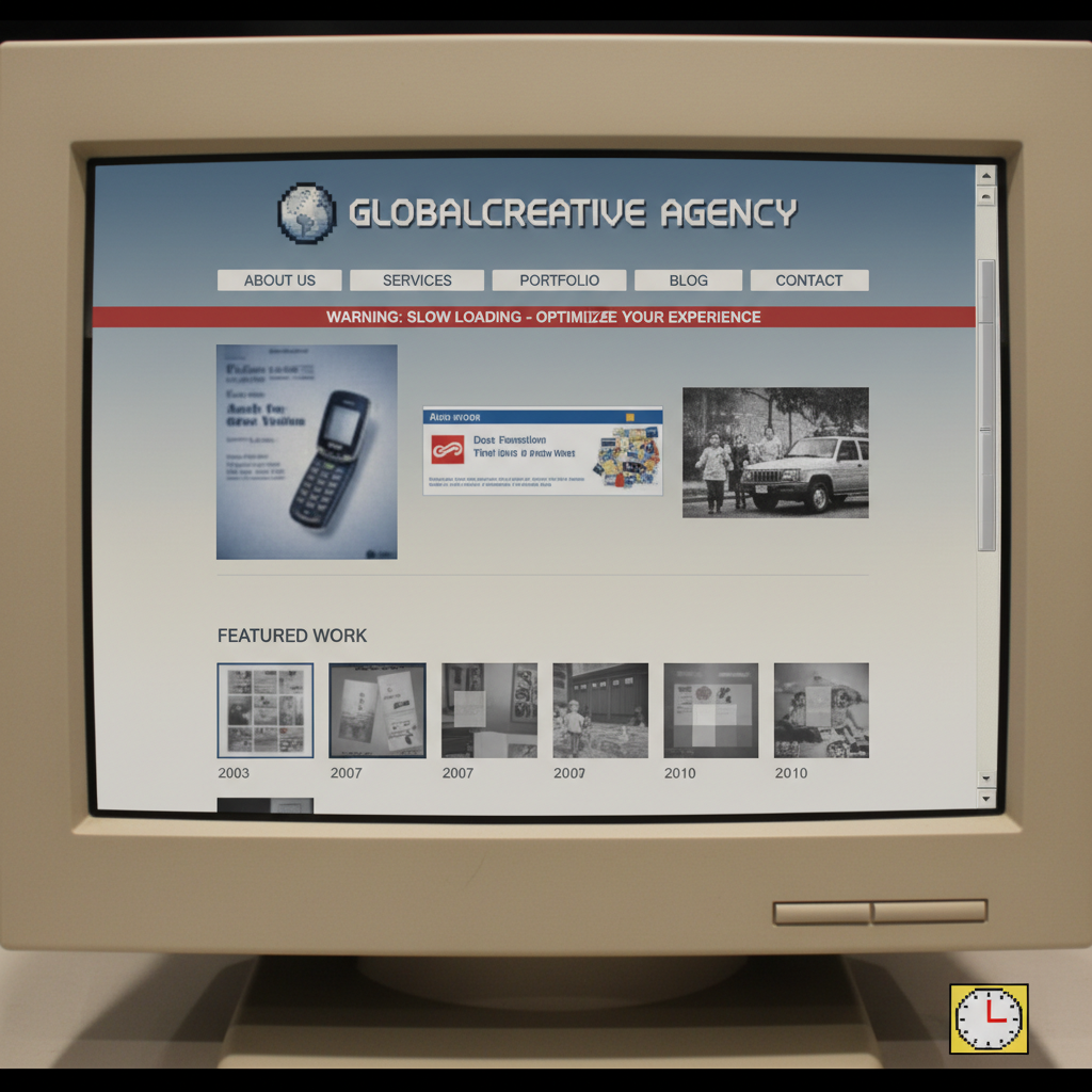 Dark cramped laptop screen showing outdated website, dim atmospheric lighting, shadowed background