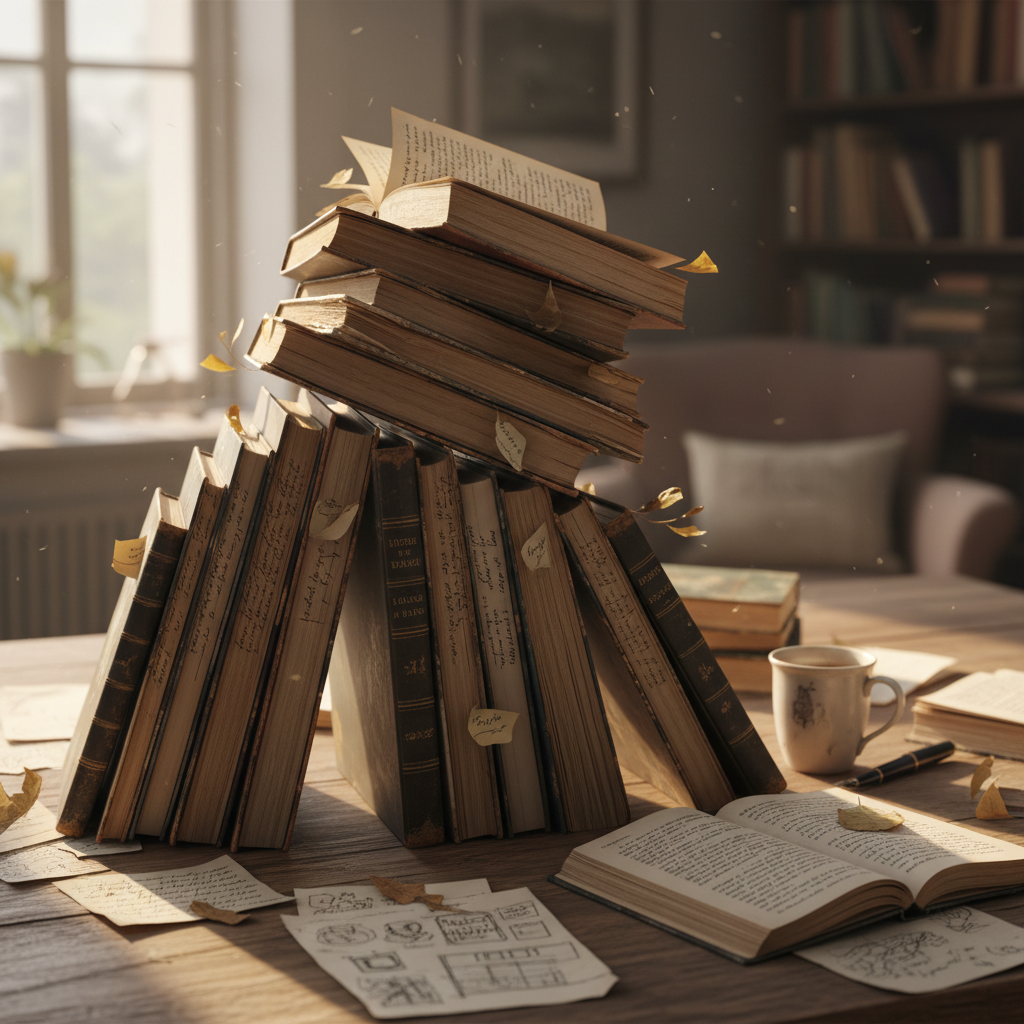 Stack of well-loved books with handwritten notes in margins on a wooden desk