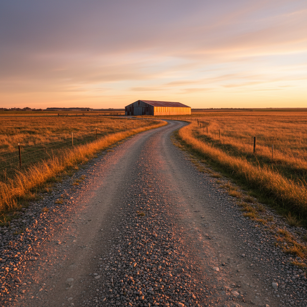 Wide open farmland at golden hour with a long low steel warehouse sitting against the horizon, gravel drive leading toward it