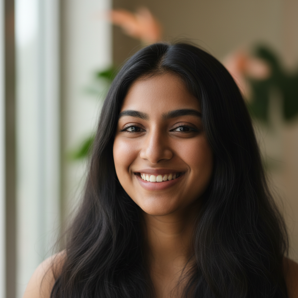 Indian woman with long black hair wearing white blouse smiling warmly at camera in natural lighting