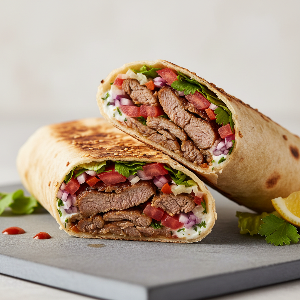 Beef shawarma wrap sliced in half, revealing layers of meat and vegetables, warm tones