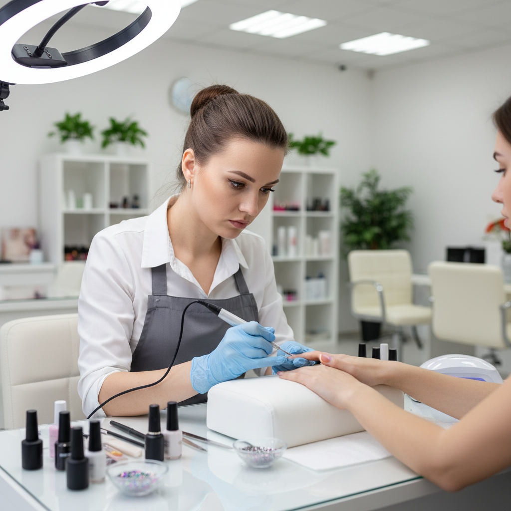 Professional nail technician working in dimly lit luxury salon environment, dark atmospheric tones
