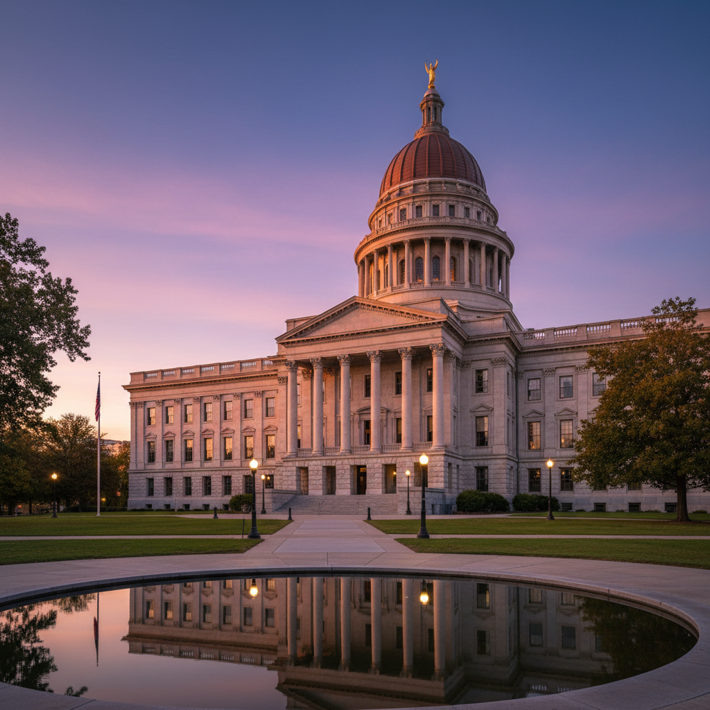 State capitol building exterior with columns and dome, photographed at dusk with warm light
