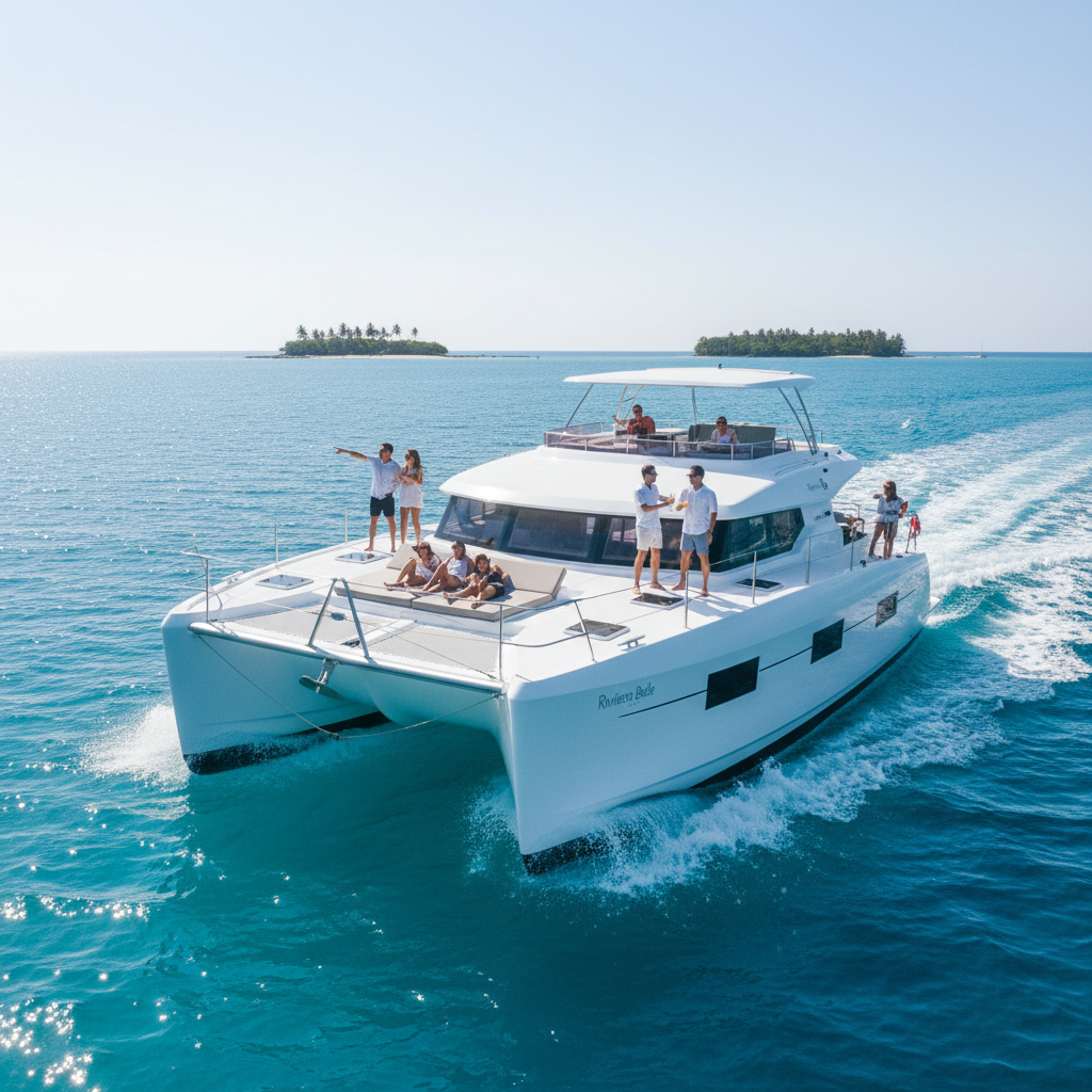 Blue and white catamaran Mistral sailing near Greek islands