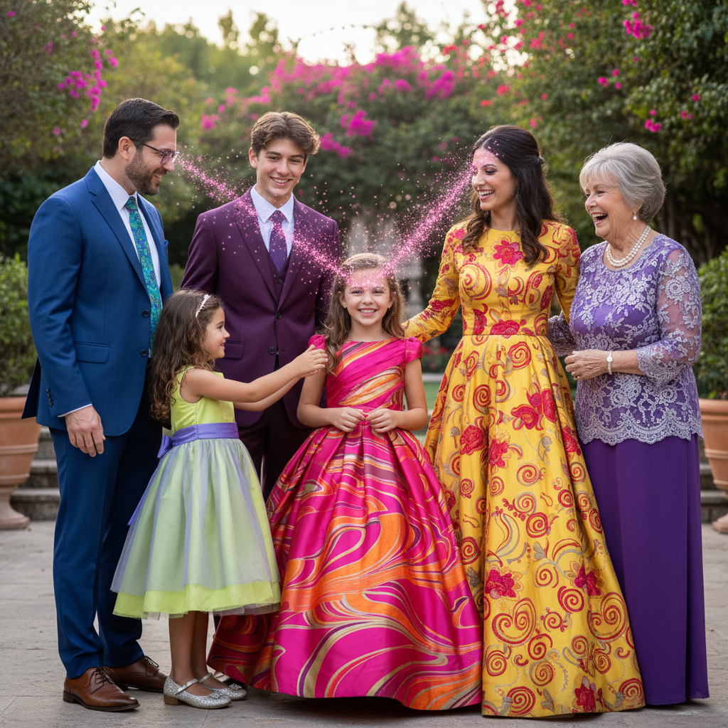 Colorful family in formal wear with a young girl using telepathy shown as pink sparkles