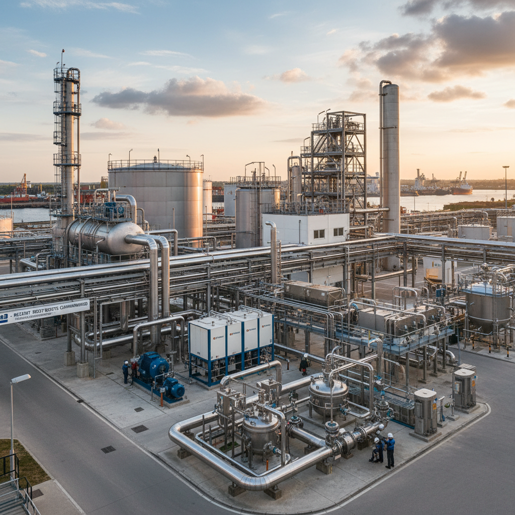 Industrial chemical processing plant with pipelines and storage tanks, dark atmospheric setting