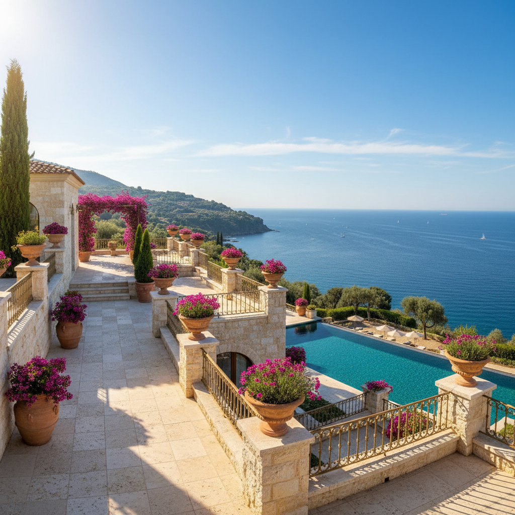 Villa de prestige à Monaco surplombant la Méditerranée, architecture provençale contemporaine, terrasses ensoleillées, vue mer spectaculaire