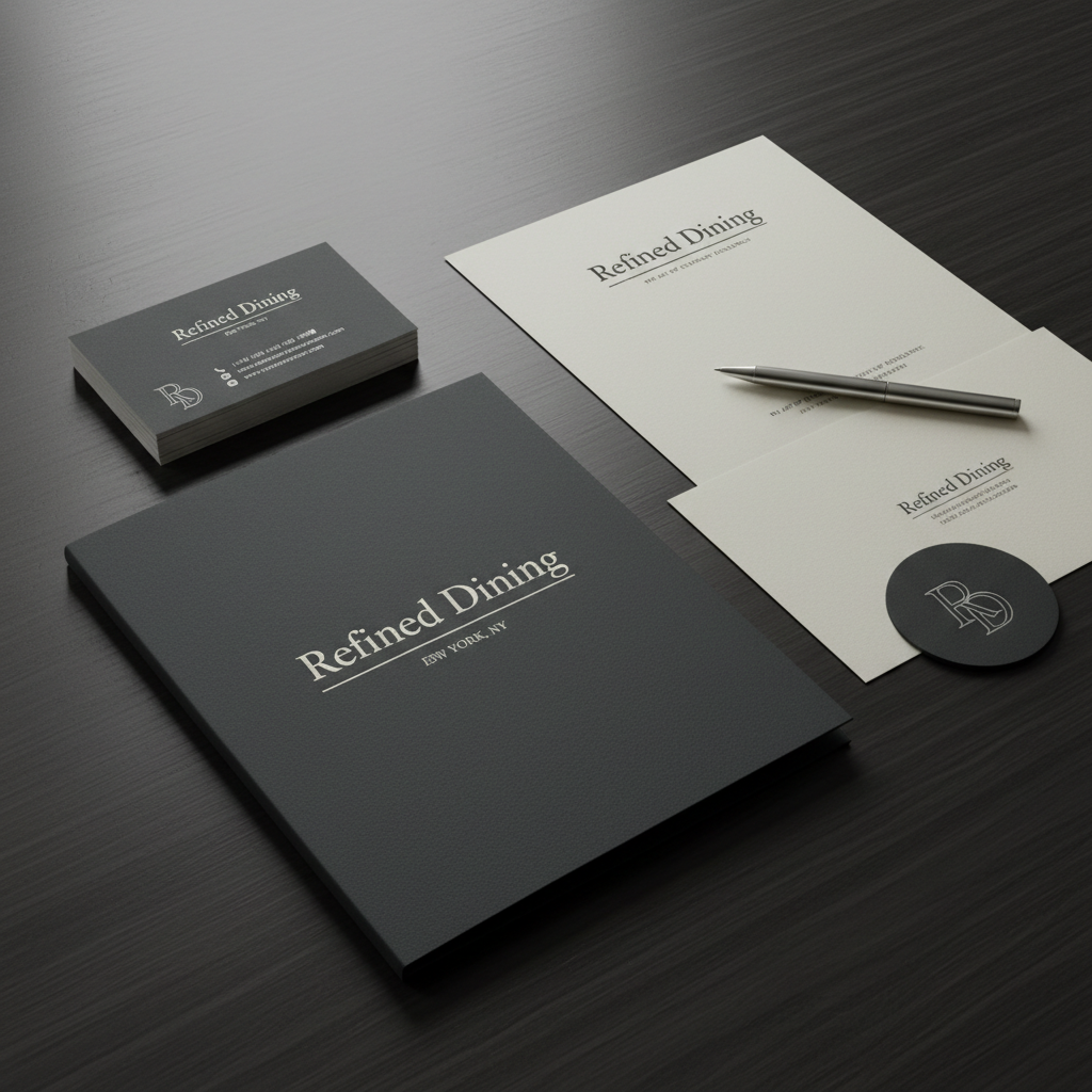 Restaurant menu, packaging and brand collateral design mockup on dark table, warm accent lighting, sophisticated styling