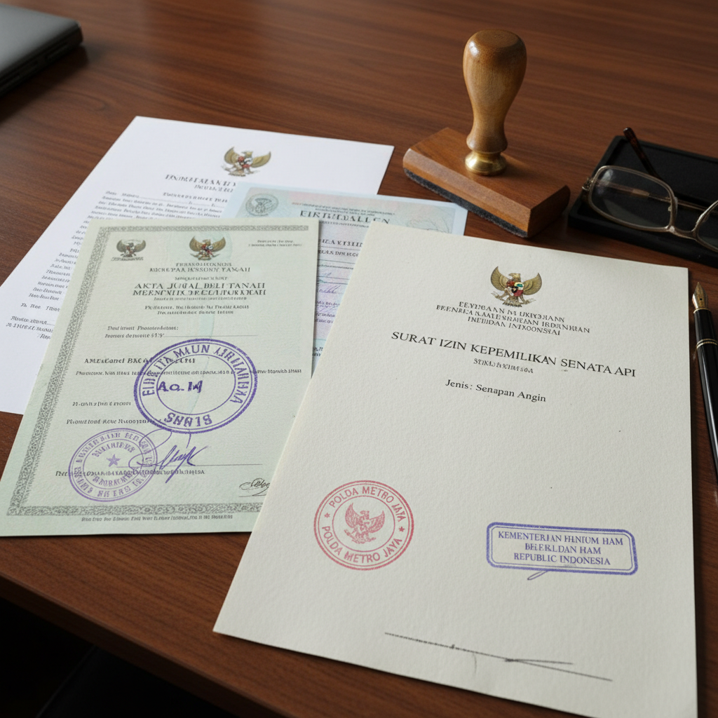 Indonesian legal documents and airgun permit papers on desk with official stamps