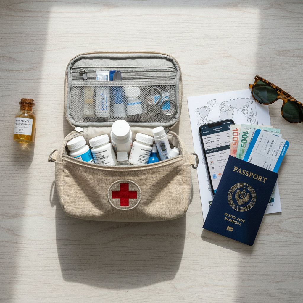 Medical kit and travel documents arranged on wooden table