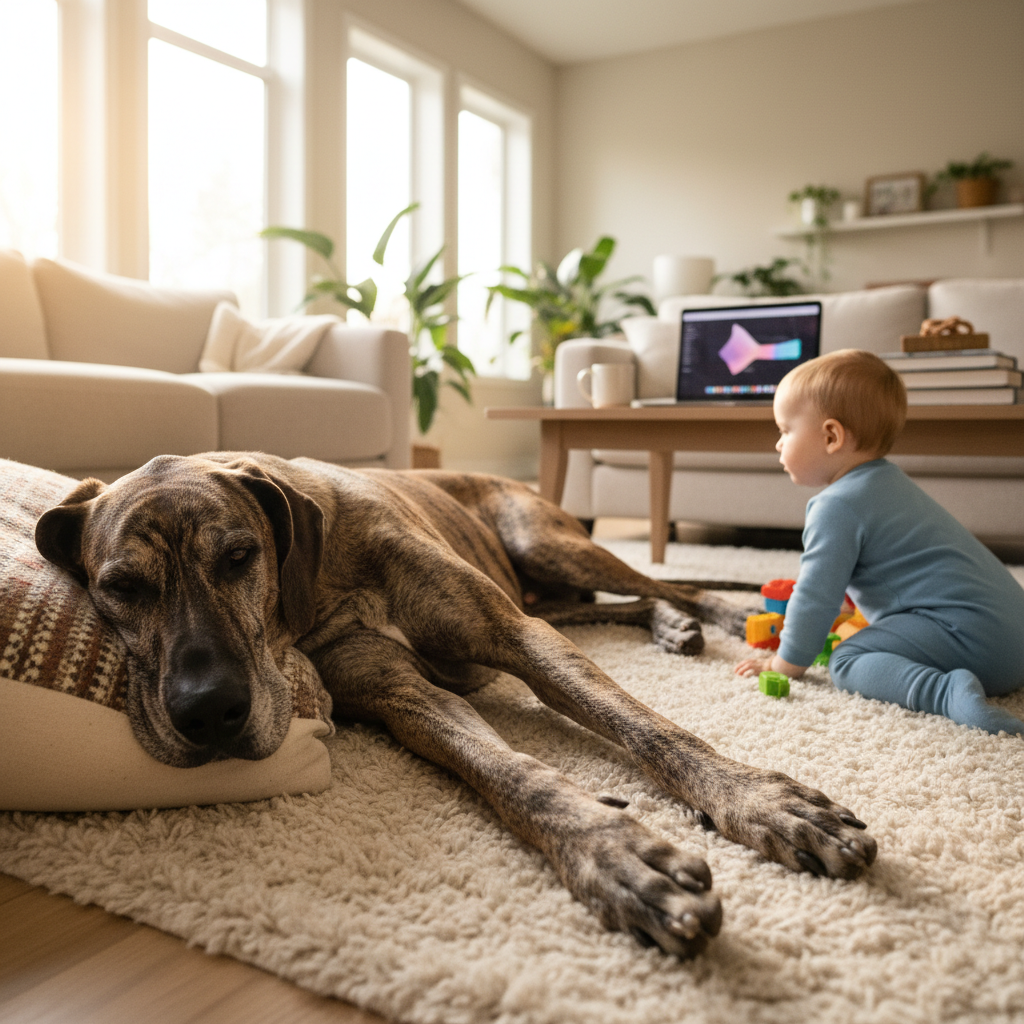 A Great Dane dog sprawled across a living room rug with a toddler, morning light catching the brindle coat, an open laptop visible in the soft background