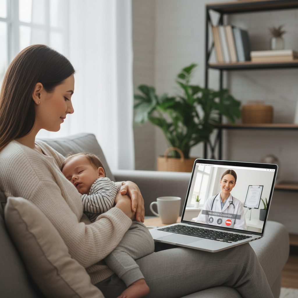Mother holding baby during online pediatric consultation