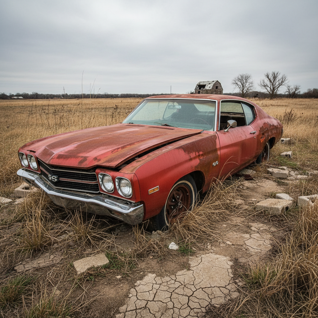 Heavily rusted 1970 Chevelle SS454 with extensive body damage and missing trim