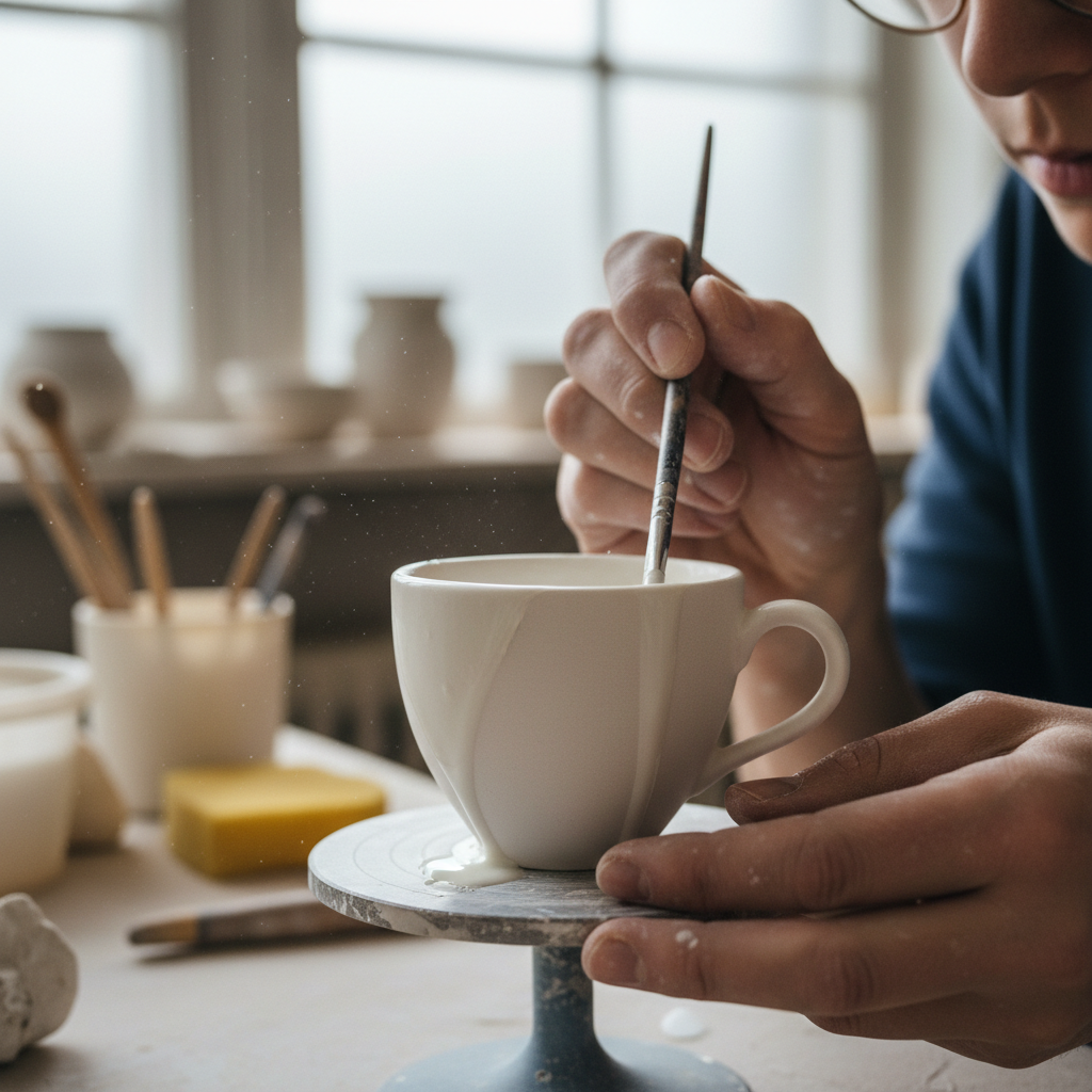 Artisan applying glaze to a ceramic bowl with a brush in a well-lit pottery studio