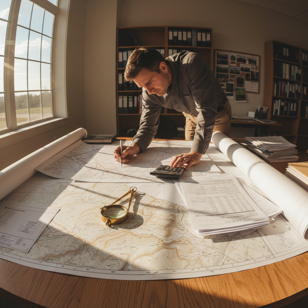 Devidas Patwari at his office desk surrounded by land survey maps and revenue records