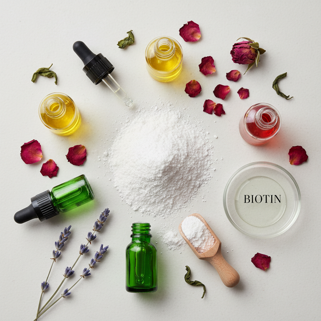 Overhead flat lay of natural ingredients including rosehip, jojoba seeds and herbs on bright white background