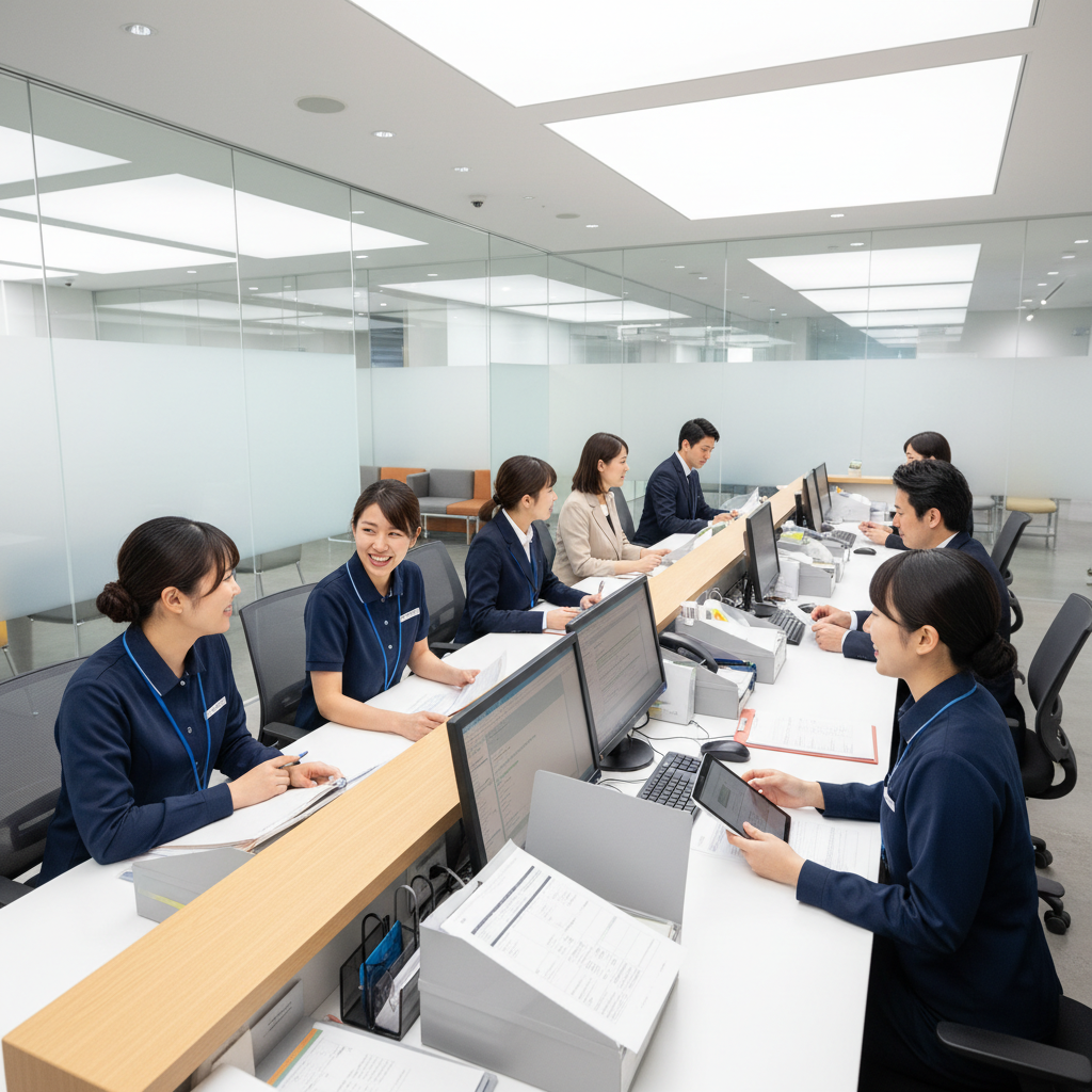 Auxiliar de servicios atendiendo a un asociado en ventanilla de cooperativa financiera