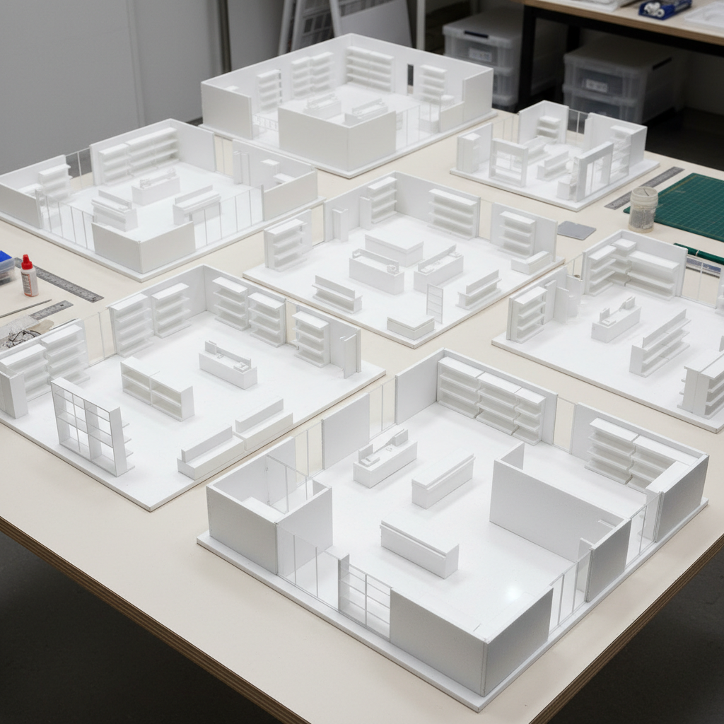White foam-core architectural scale models of retail store layouts arranged on a large work table