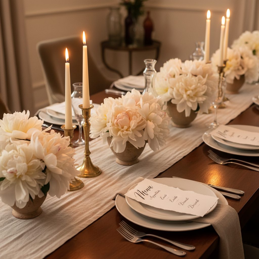 Elegant tablescape with white peonies, tapered candles in brass holders, and hand-lettered menus on a linen runner
