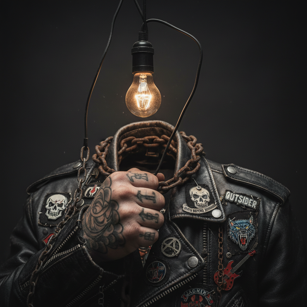 Tattooed fist gripping a leather jacket lapel covered in handmade pins and chain collar, lit by a bare bulb