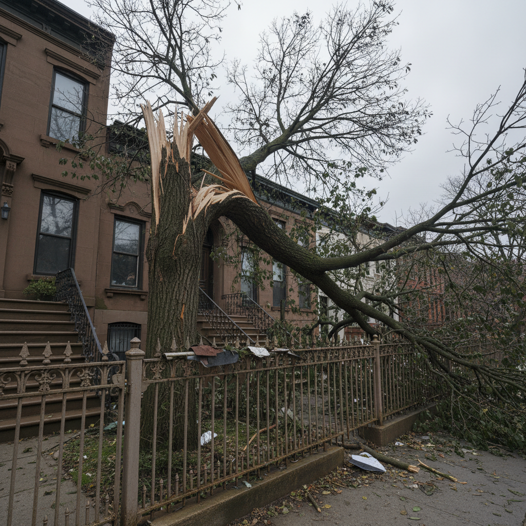 Damaged Norway maple tree with large split limb hanging over a Brooklyn brownstone fence after a nor'easter storm