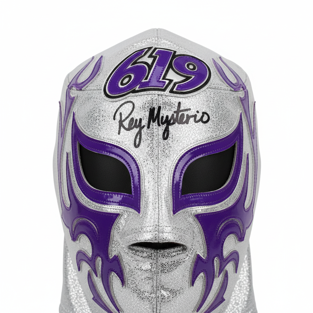 Silver and purple lucha libre mask with 619 logo signed by Rey Mysterio in black sharpie