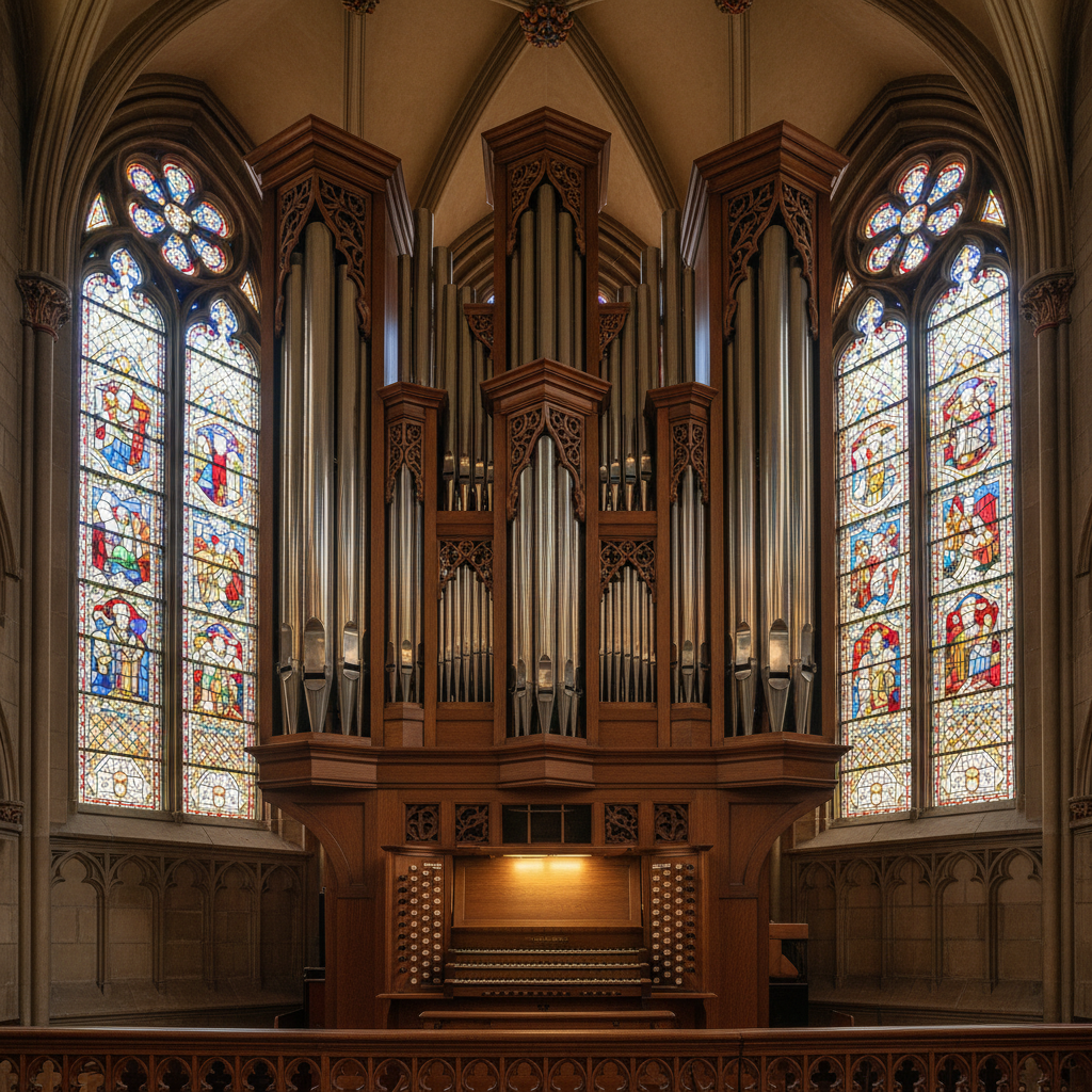 Majestic three-manual cathedral organ fully restored with gleaming polished pipes in a Gothic cathedral