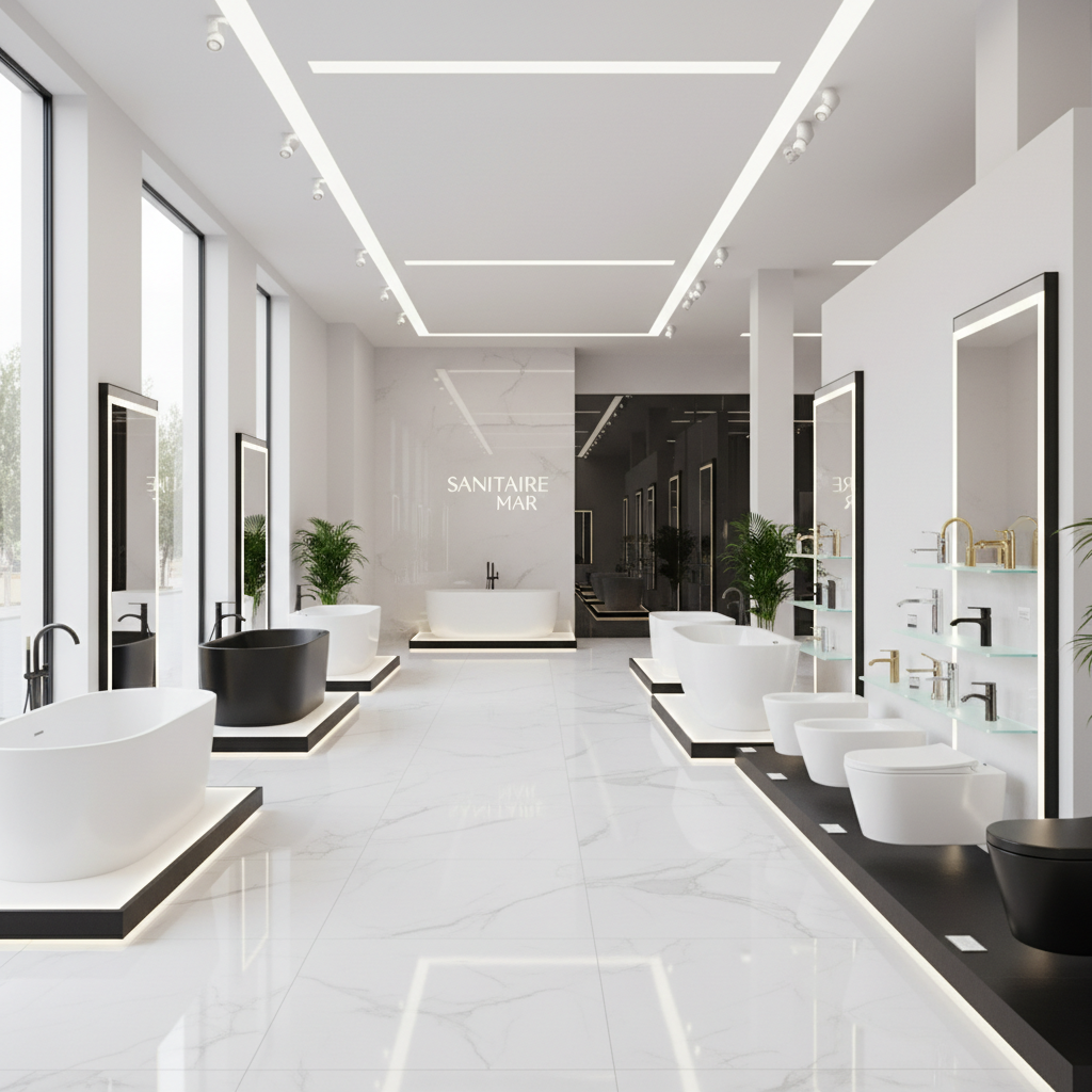 Sleek metallic-finish glossy tiles reflecting bright showroom lighting in modern luxury bathroom display