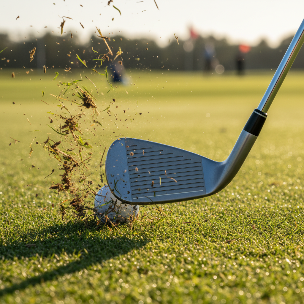 Close-up of golf iron striking ball on practice range sending turf flying