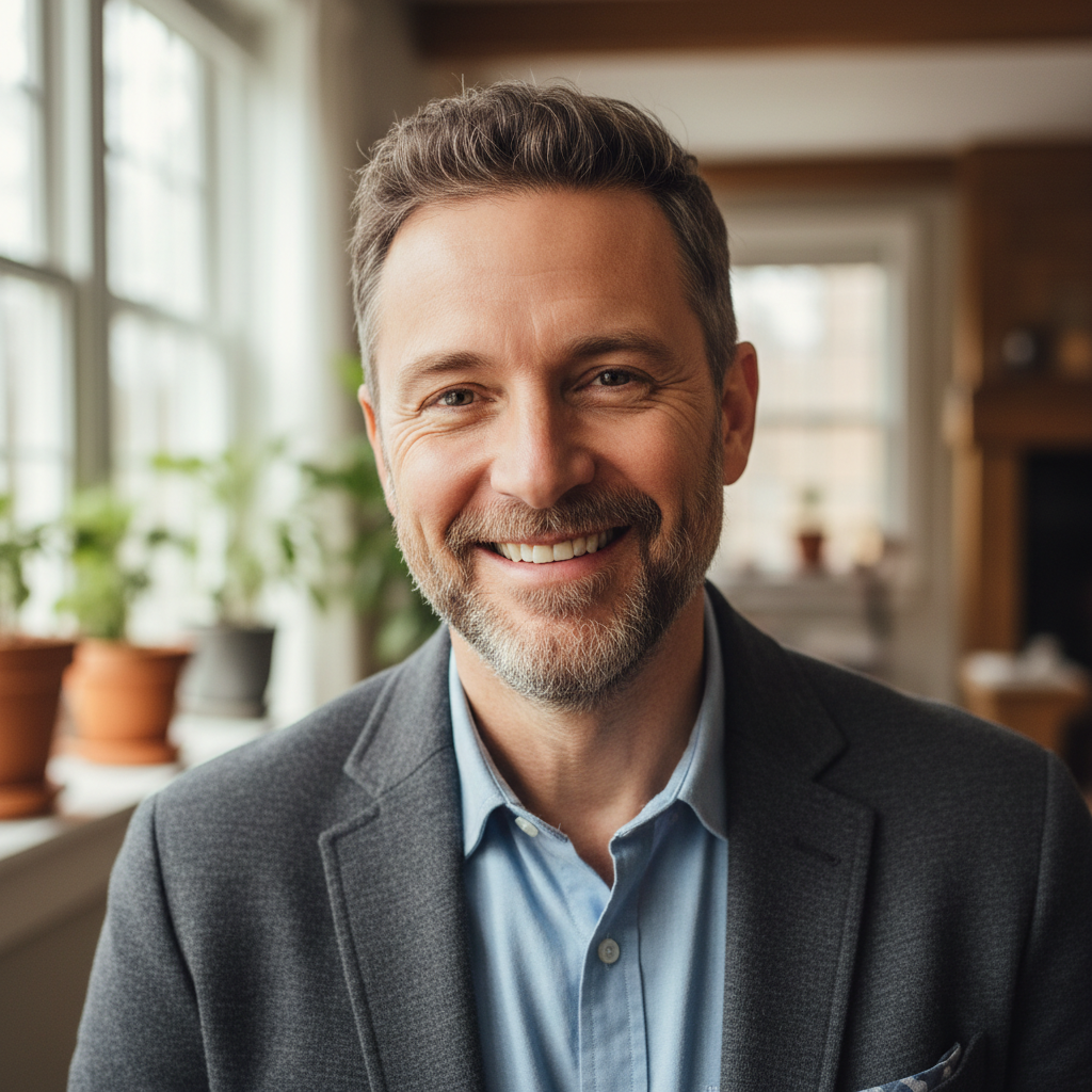 Man in his 40s with relaxed smile, casual business attire