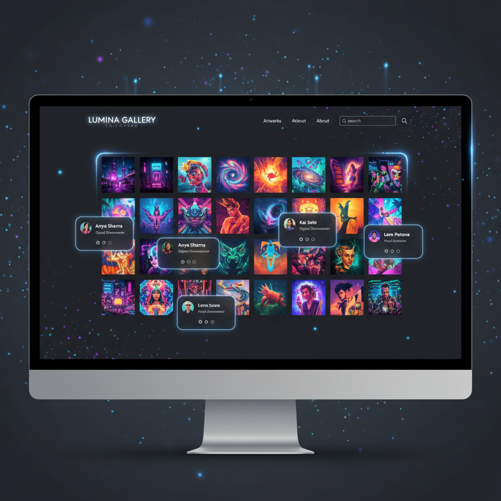Creative portfolio website with dark background, large image gallery grid, minimal white typography, and subtle teal accent links