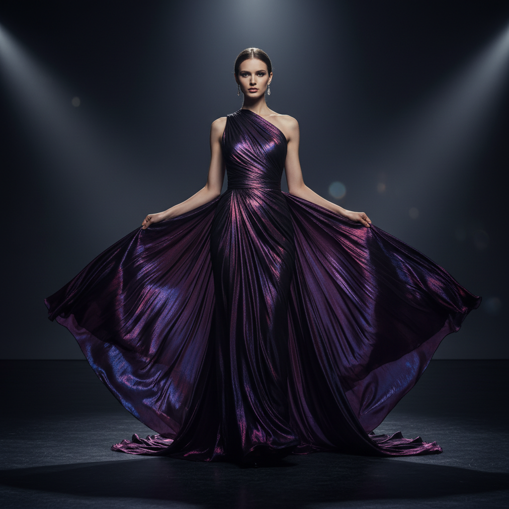 Woman in royal pink ball gown, dark studio backdrop, dramatic rim lighting, deep shadows