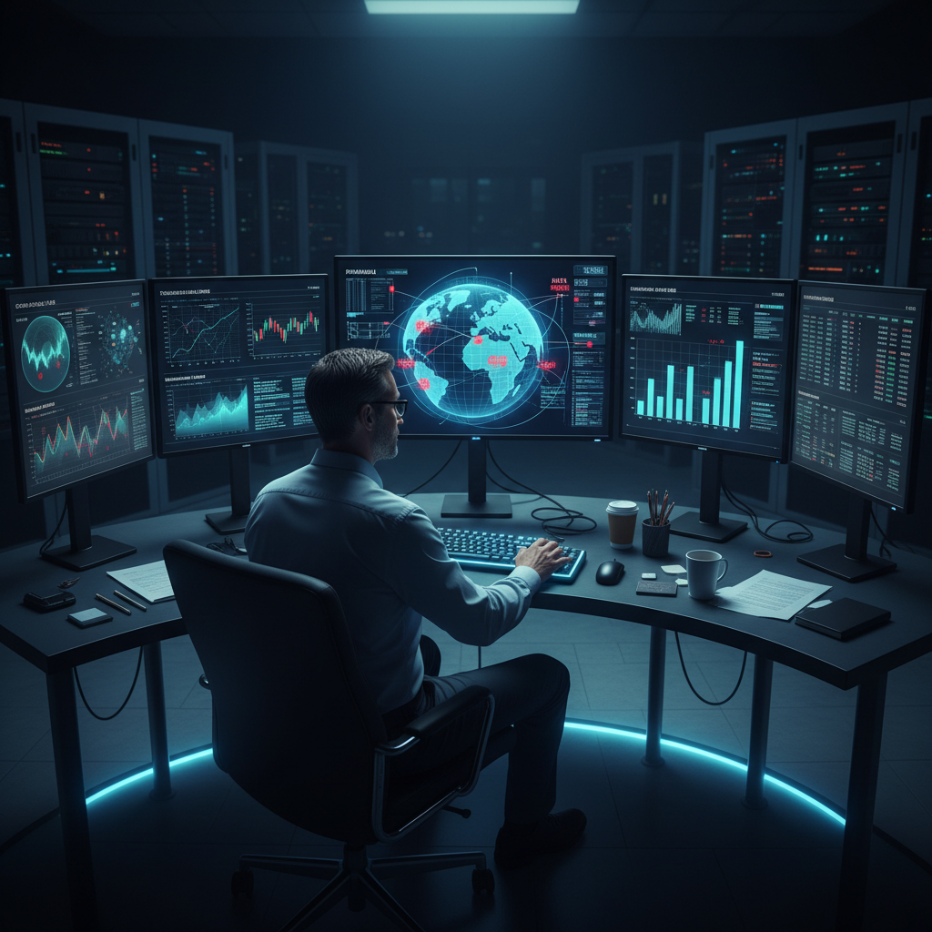 Modern financial trading floor with multiple screens displaying real-time market data, AI-powered analytics dashboards, and traders monitoring automated systems