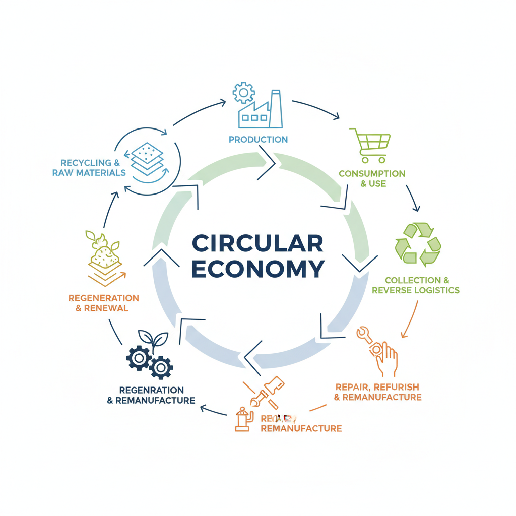 Circular economy diagram showing the flow of materials, products, and resources in a closed-loop system