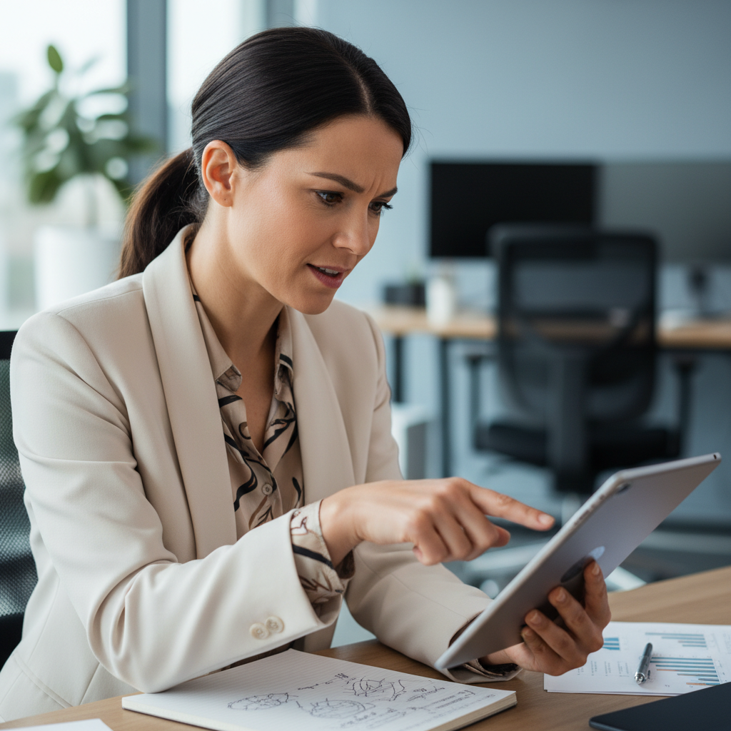Professional woman in dark blazer at modern conference table, dim warm office lighting, focused expression, dark wood walls behind her