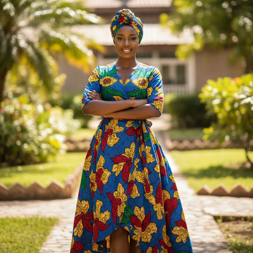 Nigerian fashion model in vibrant Ankara print dress, editorial outdoor shoot in Lagos, confident Black woman, bright natural light