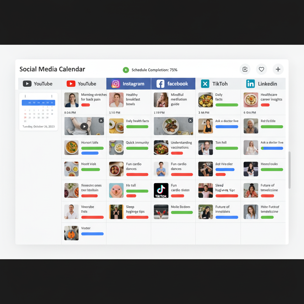 Healthcare social media scheduling dashboard showing short video clips distributed across YouTube, Instagram, Facebook, X, TikTok, and LinkedIn throughout the day